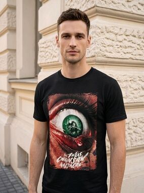 Men's Black Short-Sleeve Graphic Tee with Green Eye Horror Artwork